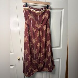 Monteau Los Angeles brown maxi strapless dress with palm tree print. Size M